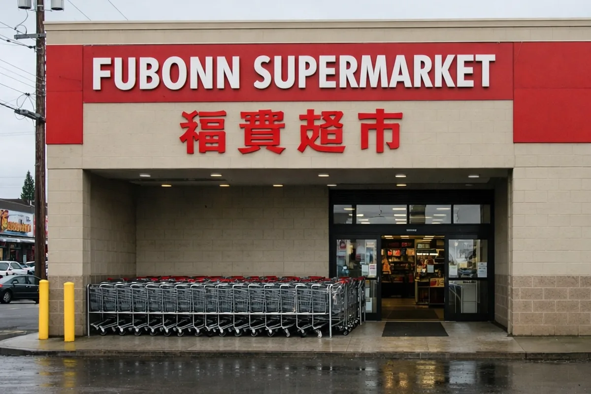 Fubonn Supermarket storefront at 2850 SE 82nd Avenue, Oregon's largest Asian grocery and Jade District anchor.