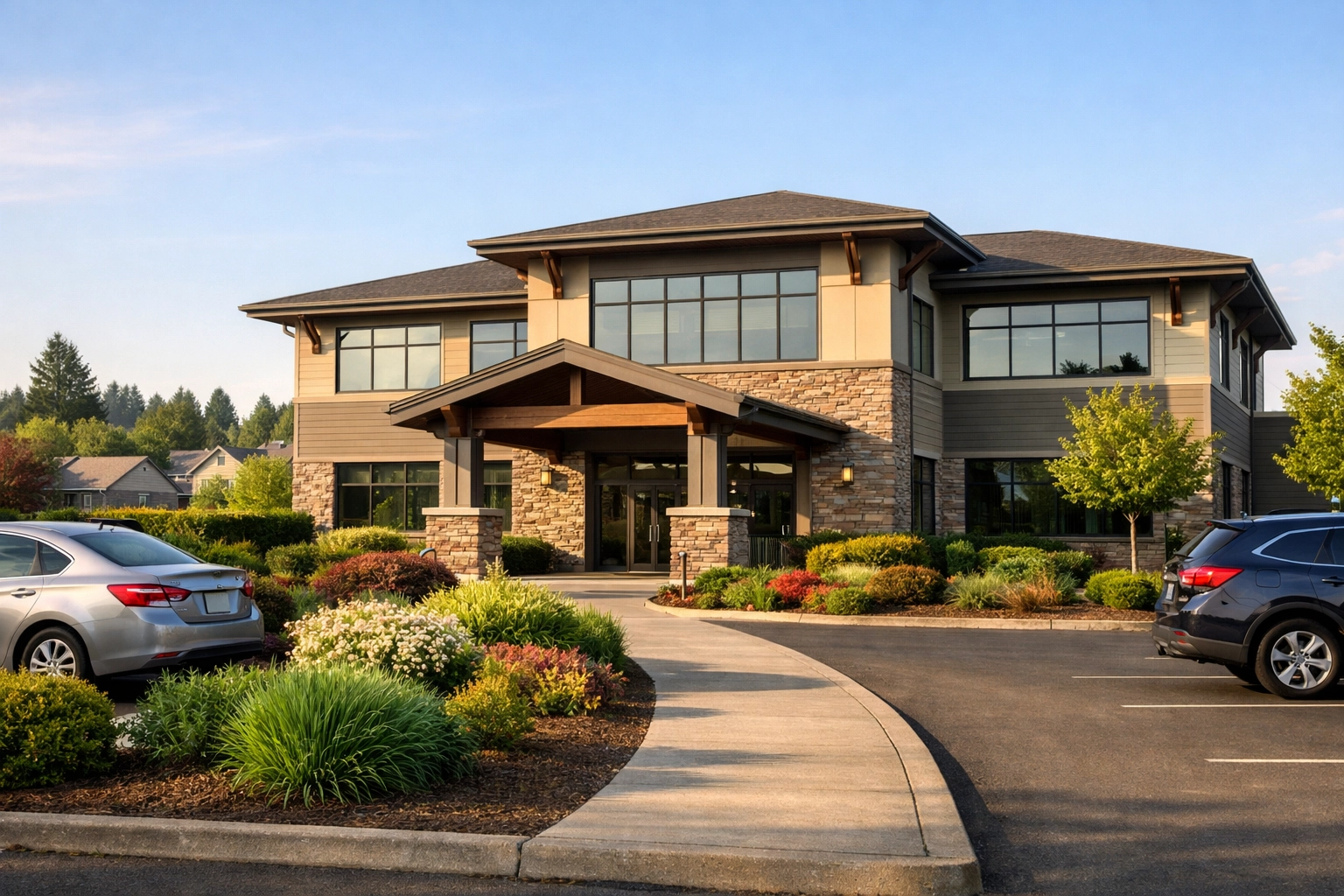 Medical office building exterior with landscaping on a tree-lined street in Forest Grove