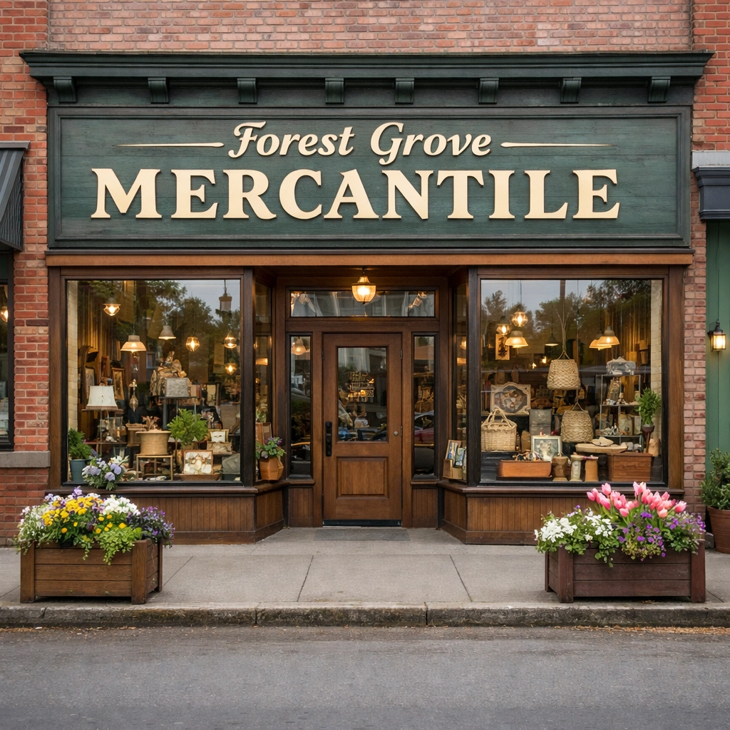 Downtown Forest Grove storefronts along Main Street with awnings, flower planters, and a vintage mercantile sign visible