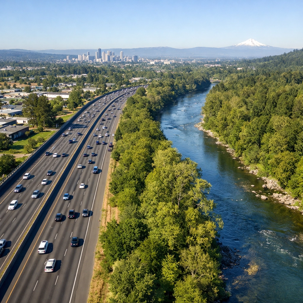 Interstate 205 bridge crossing the Clackamas River near Gladstone Oregon with traffic flowing northbound