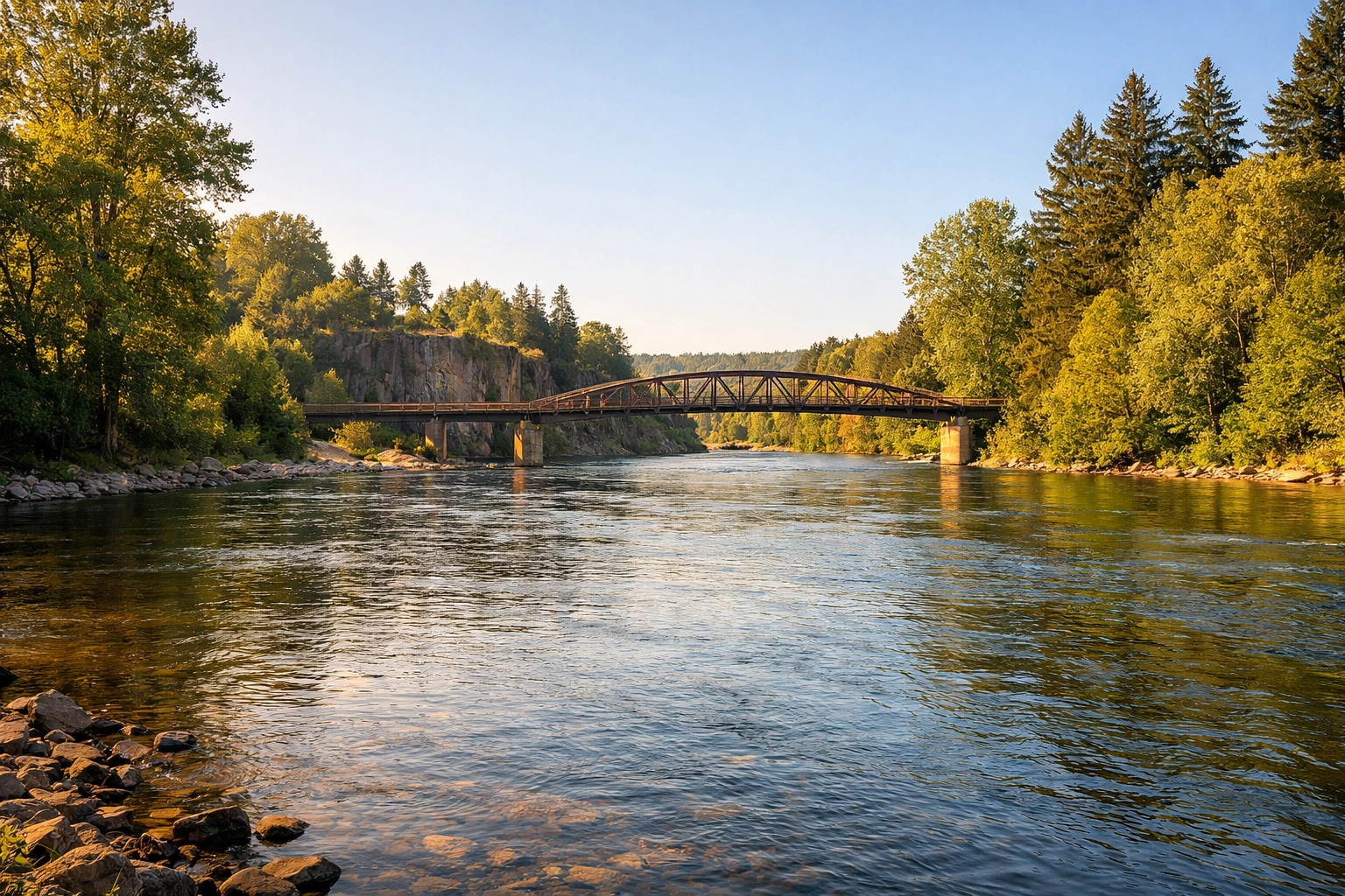 Clackamas River flowing through Gladstone Oregon with tree-lined banks and residential neighborhood in background