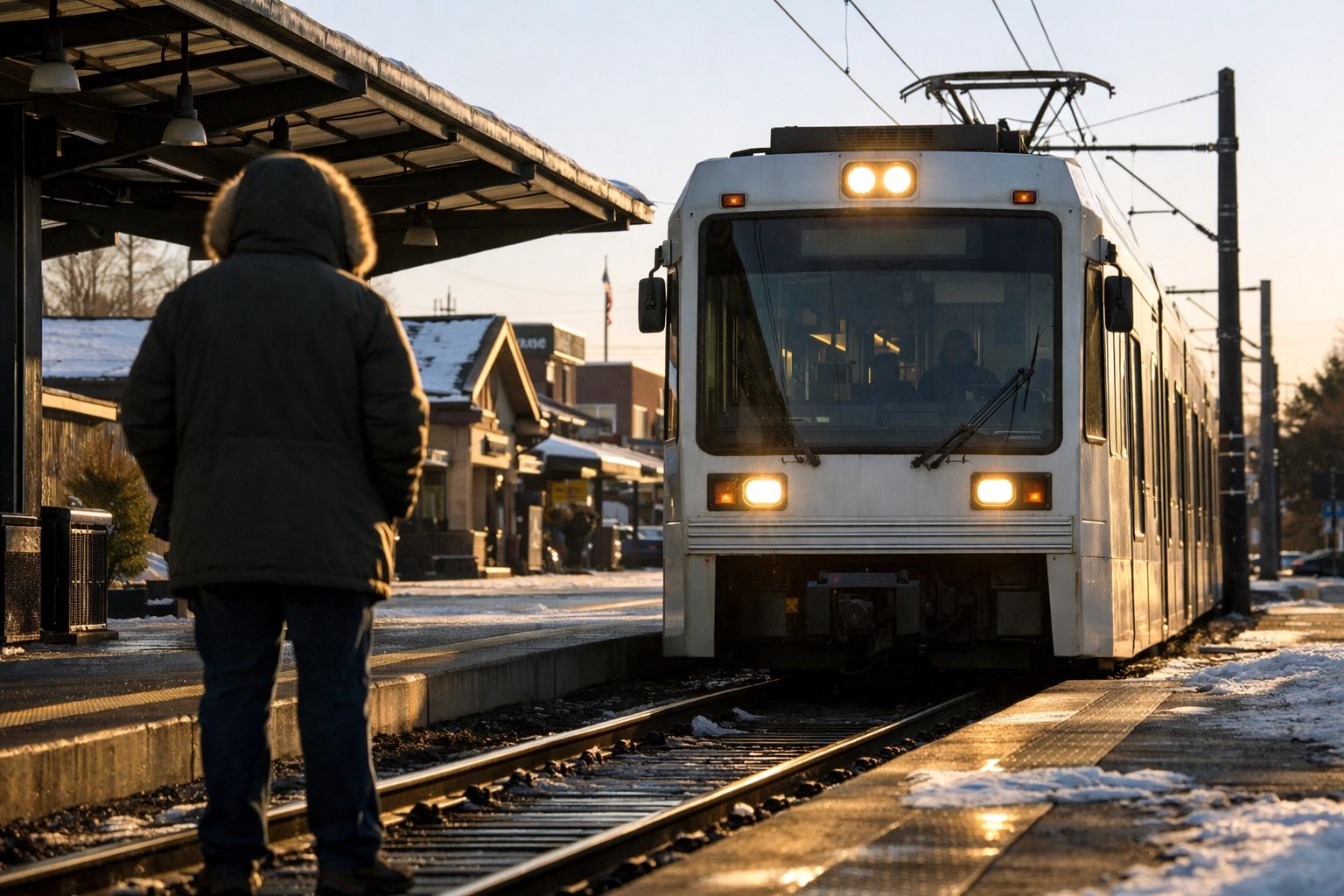 MAX Blue Line light rail train approaching Gresham Central Transit Center station with downtown Gresham buildings in background