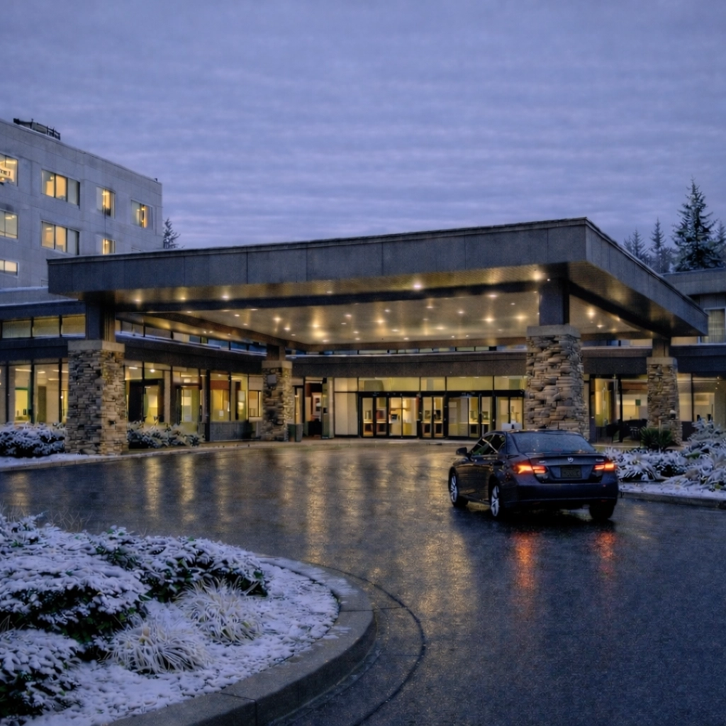 Legacy Mount Hood Medical Center entrance on SE Stark Street in Gresham with emergency department signage visible