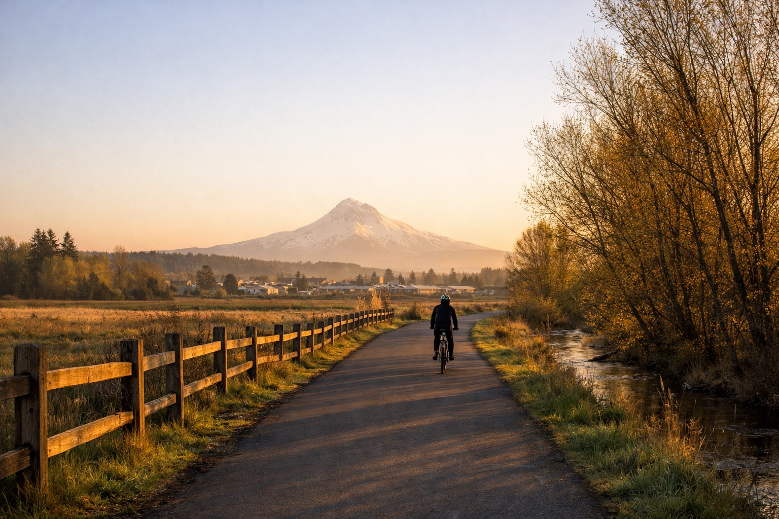 Morning light on the Springwater Corridor Trail near Main City Park with Johnson Creek flowing alongside the path in downtown Gresham