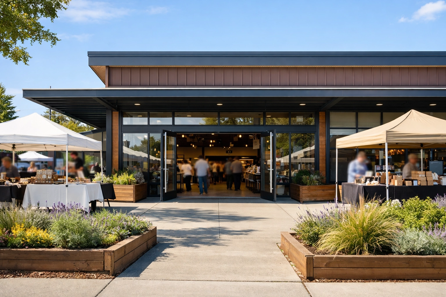 Exterior of Rockwood Market Hall with vendor signage and community activity along SE 185th Avenue in Gresham