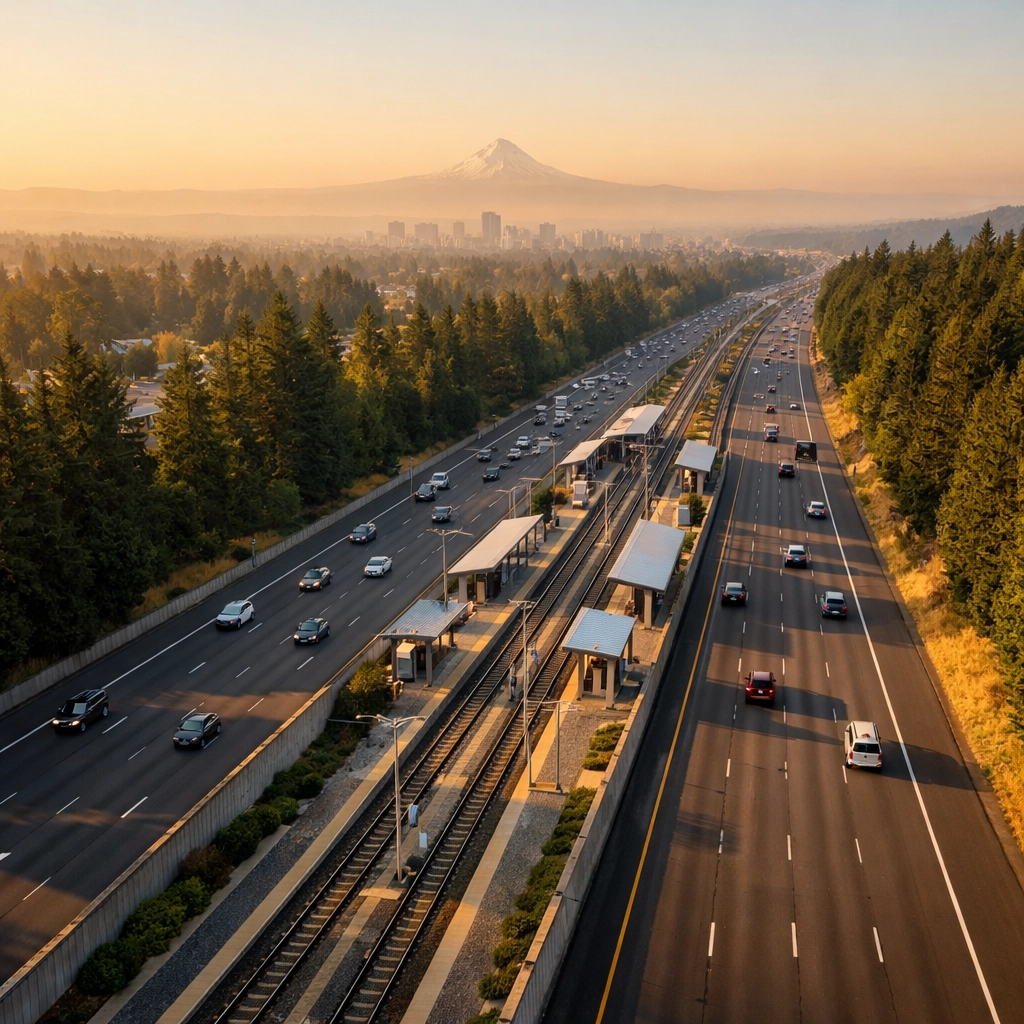 I-205 freeway near Happy Valley Oregon with Mt Hood visible in the distance