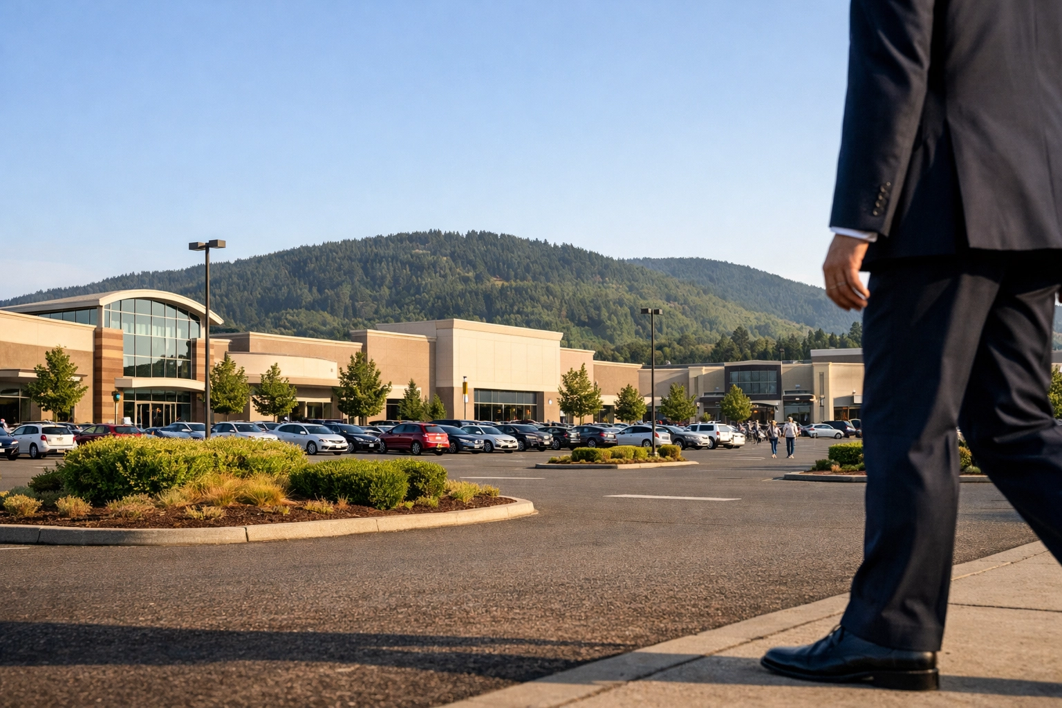 Clackamas Town Center exterior showing parking area and retail storefronts near Happy Valley Oregon