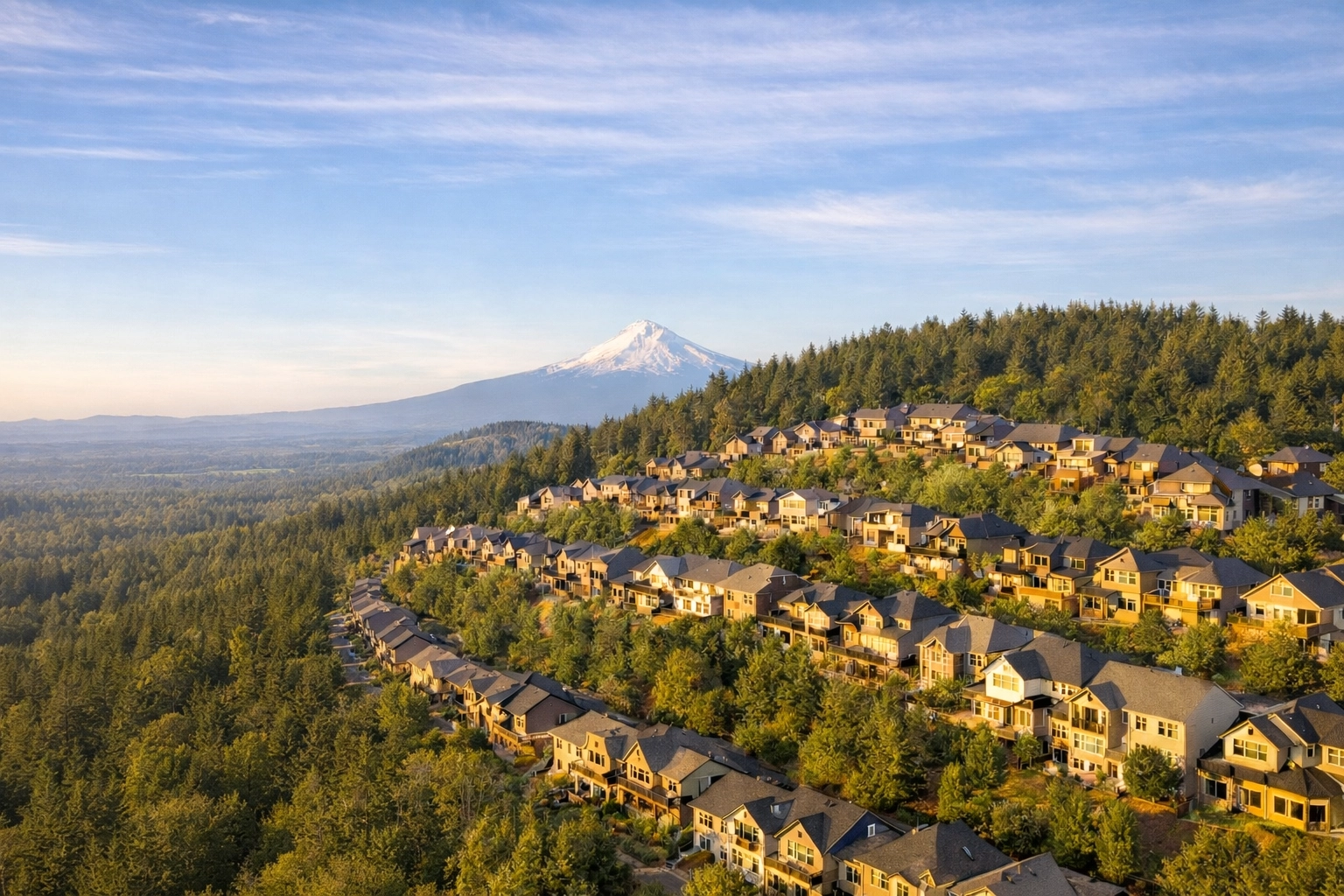 Happy Valley Oregon residential street with newer two-story homes and mountain views