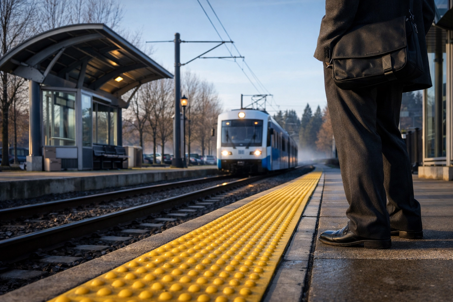 MAX Blue Line light rail train at the Orenco Station platform in Hillsboro Oregon with riders boarding during the morning commute
