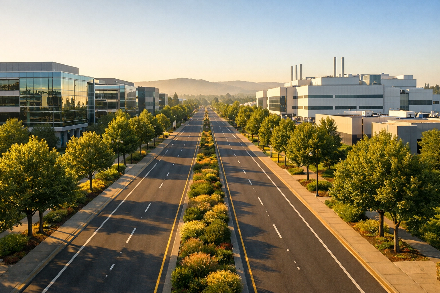 Intel campus buildings along NE Brookwood Parkway in Hillsboro Oregon with corporate signage and landscaped entrance visible from the road