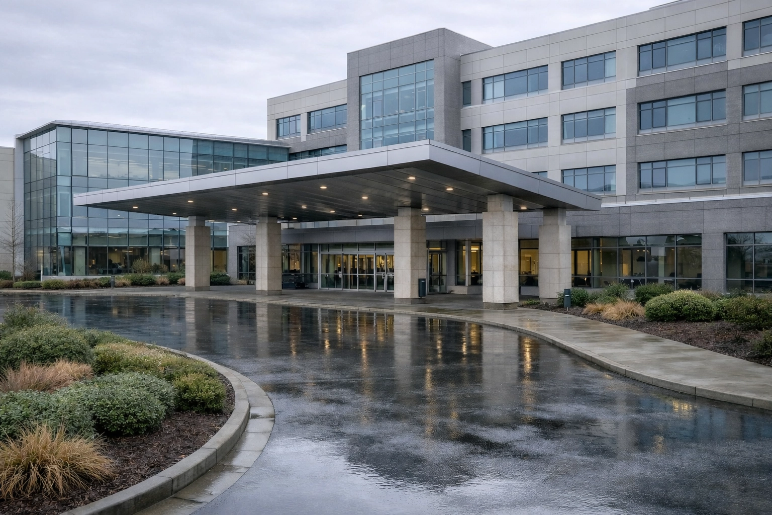 Exterior of Hillsboro Medical Center on SE 8th Avenue in Hillsboro Oregon with the main entrance and patient drop-off area visible