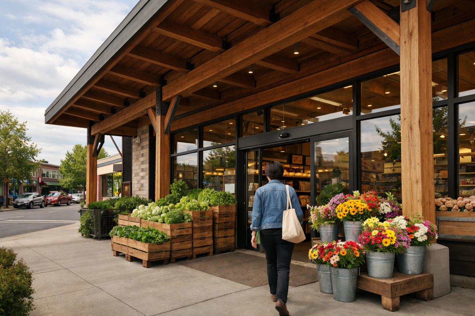 Exterior of New Seasons Market at Orenco Station in Hillsboro Oregon with shoppers walking on the sidewalk