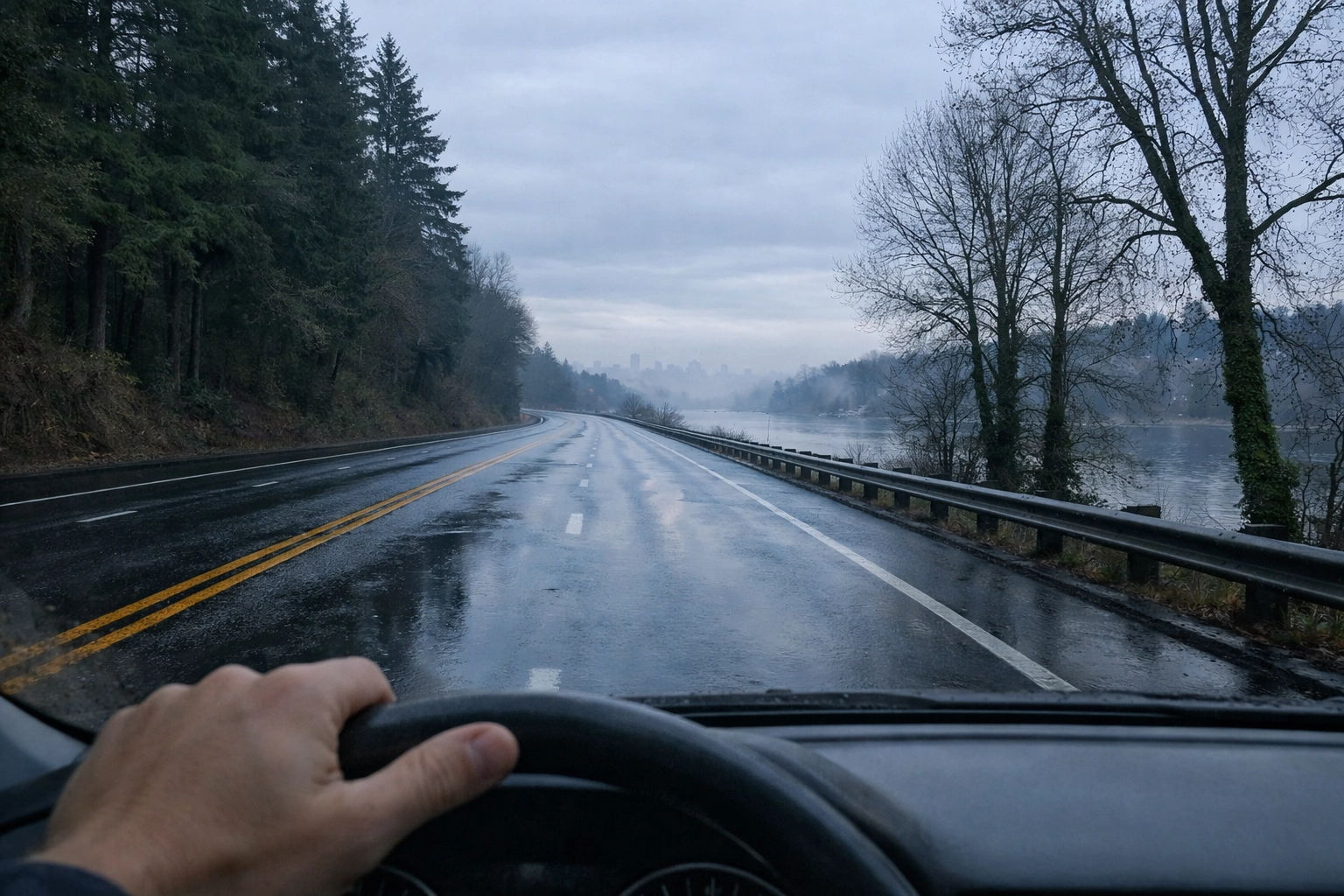 Highway 43 curving north along the Willamette River between Lake Oswego and Portland with forested hillside