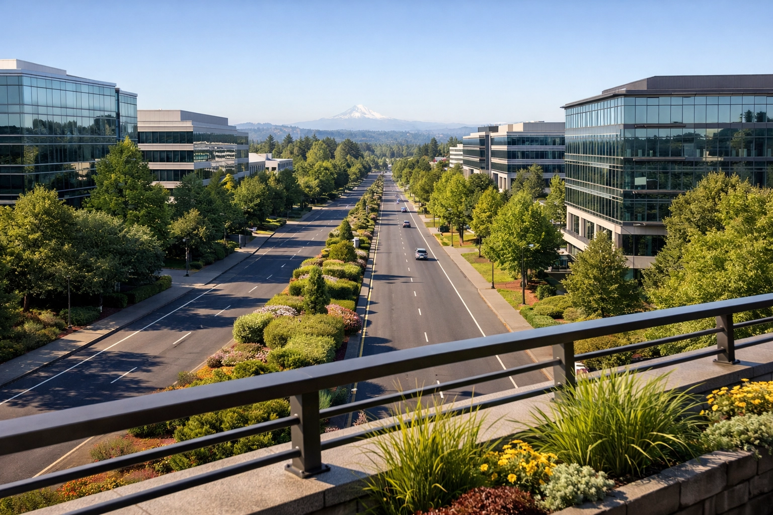 Kruse Way corporate corridor in Lake Oswego with glass office buildings, tree-lined boulevard, and Mt. Hood on the horizon