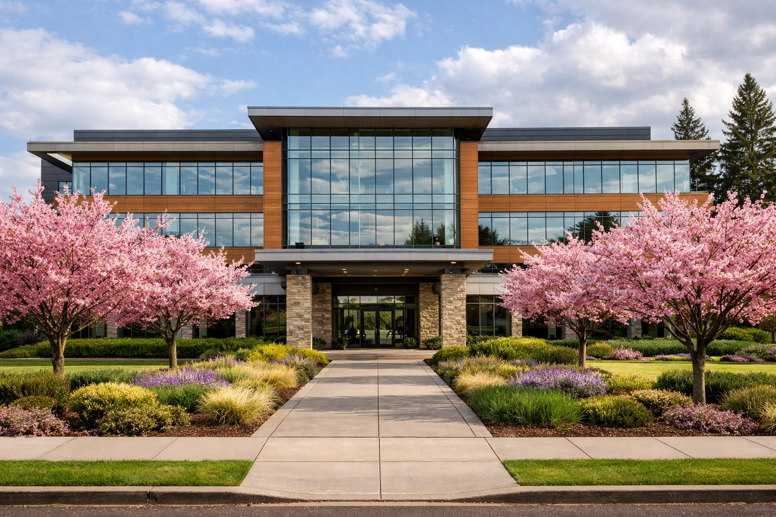 Medical office campus along the Kruse Way corridor in Lake Oswego with cherry blossoms and covered portico