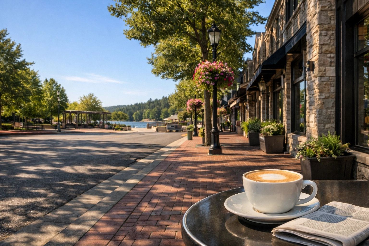 Aerial view of Lake Oswego's downtown A Avenue corridor with Oswego Lake visible in the background