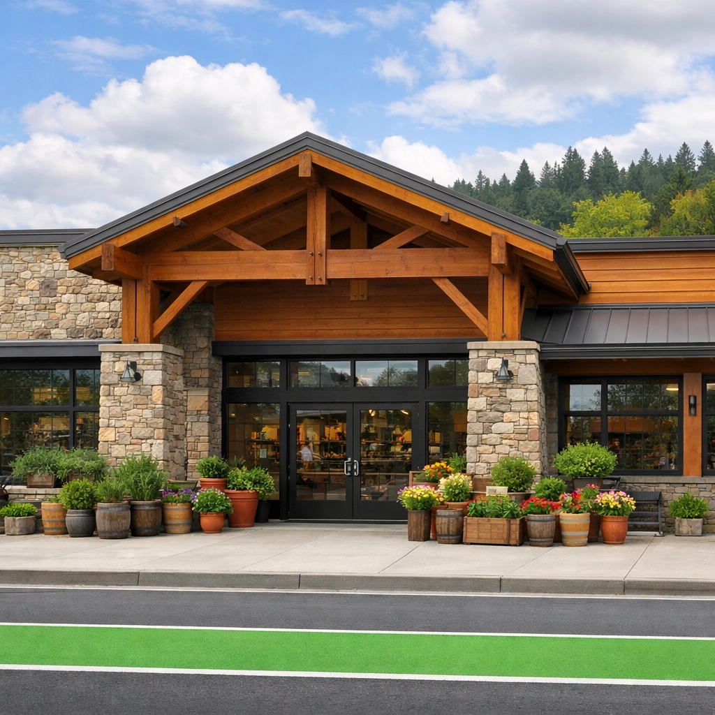 Lake Grove Village retail corridor along Boones Ferry Road with stone and cedar facade, bike lane, and forested hillside