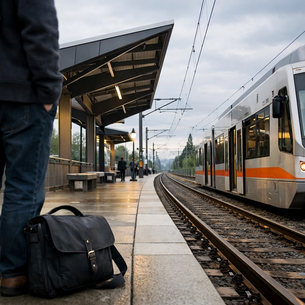 MAX Orange Line light rail platform at a Milwaukie station with train approaching
