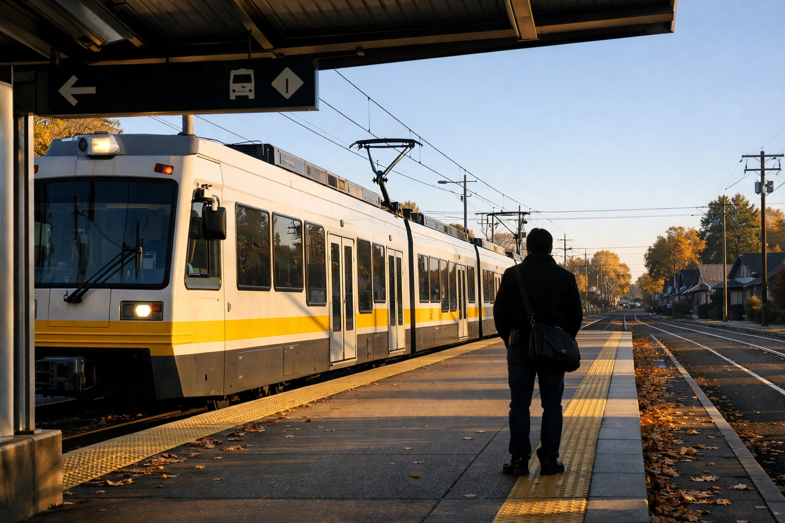 MAX Yellow Line light rail train at a North Portland station on Interstate Avenue with neighborhood buildings in the background
