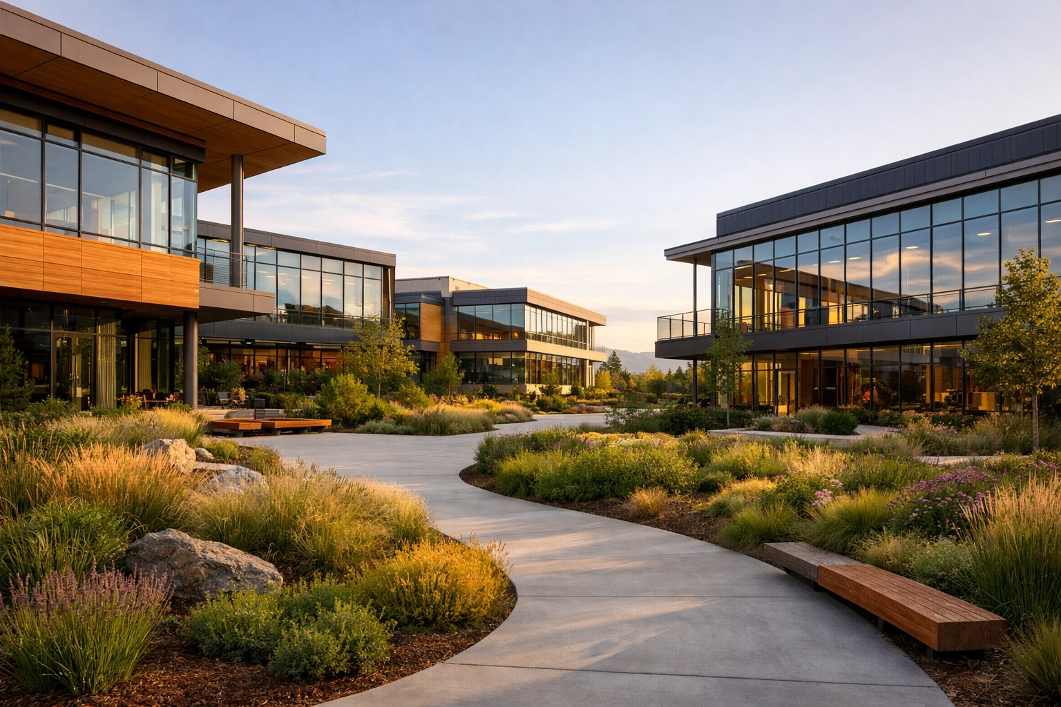 Modern corporate campus building at Adidas North America headquarters in Portland's Overlook neighborhood