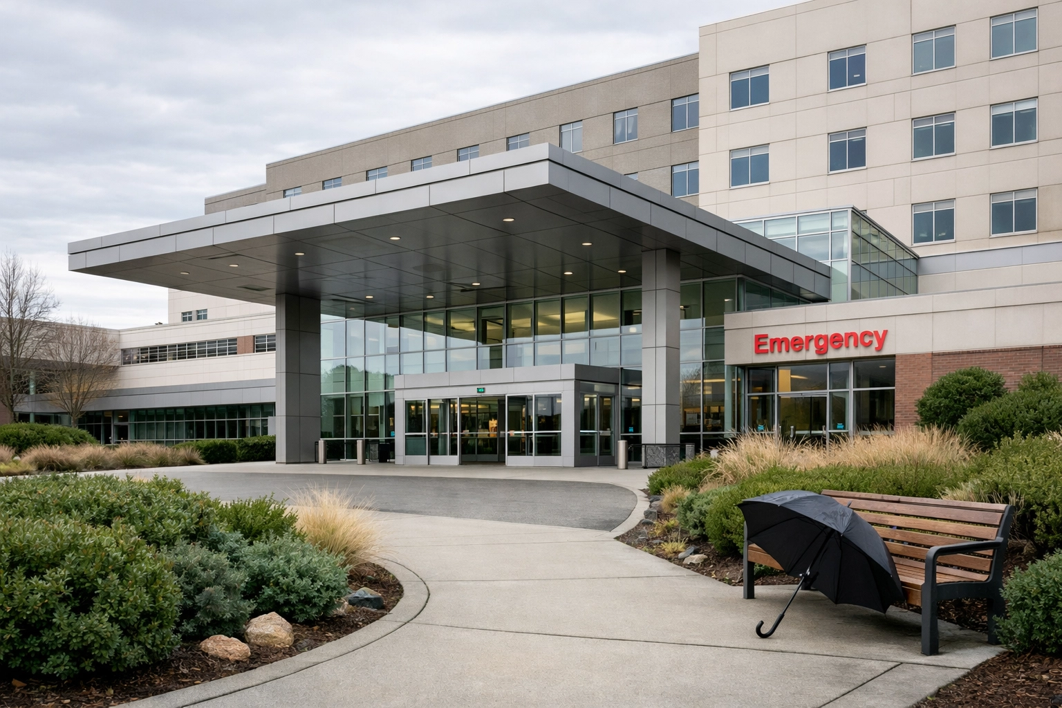 Legacy Emanuel Medical Center exterior in North Portland with the main entrance and emergency department signage
