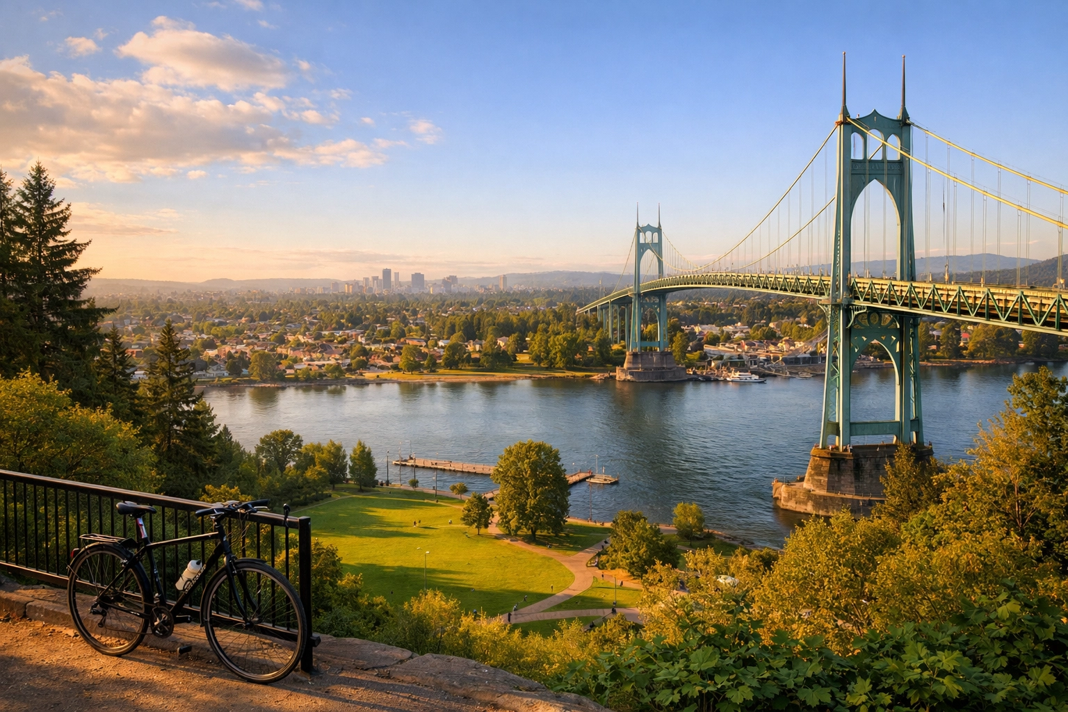 View of North Portland rooftops and tree canopy with the St. Johns Bridge and West Hills on the horizon