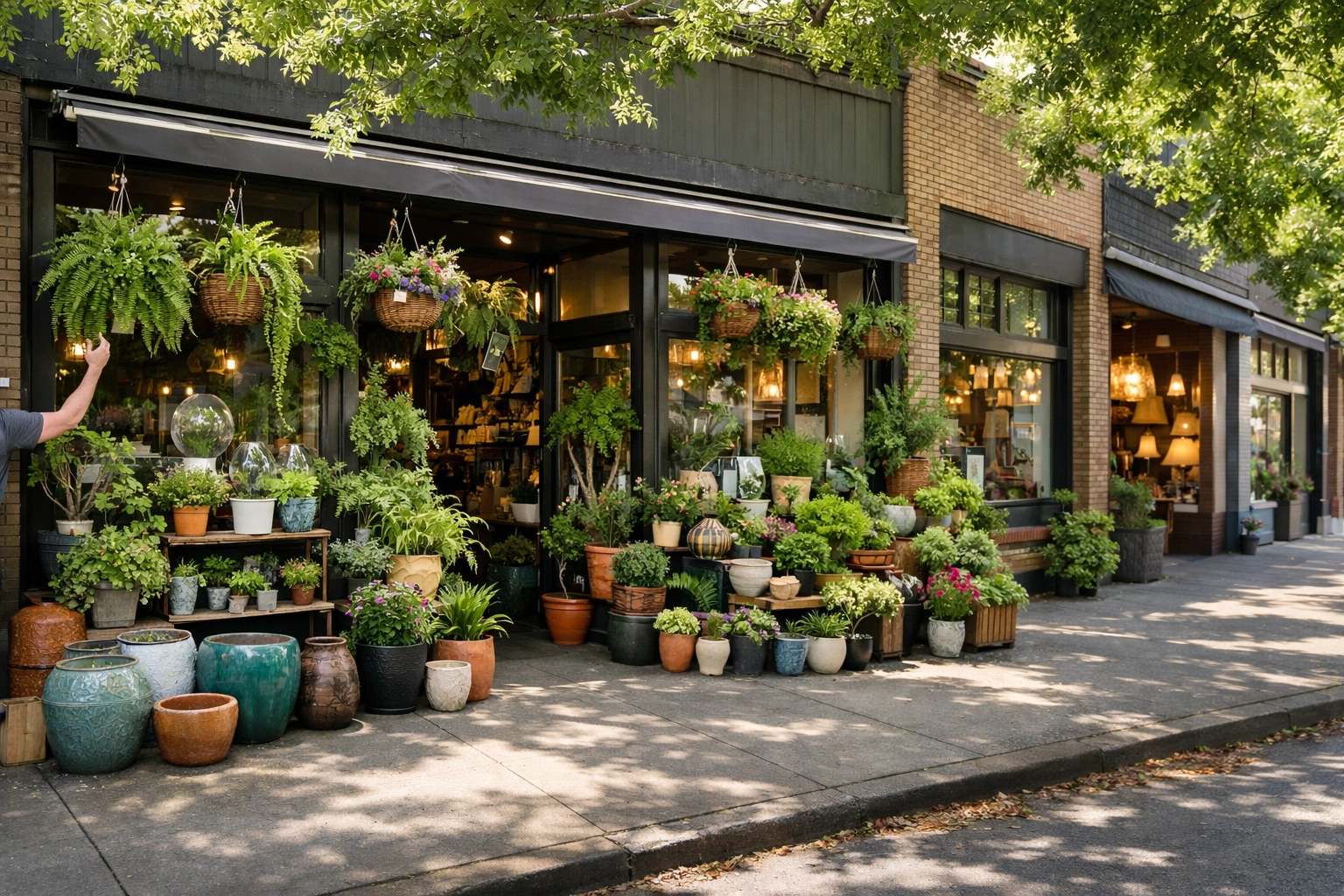 Independent retail storefronts along North Mississippi Avenue in Portland with pedestrians and awnings
