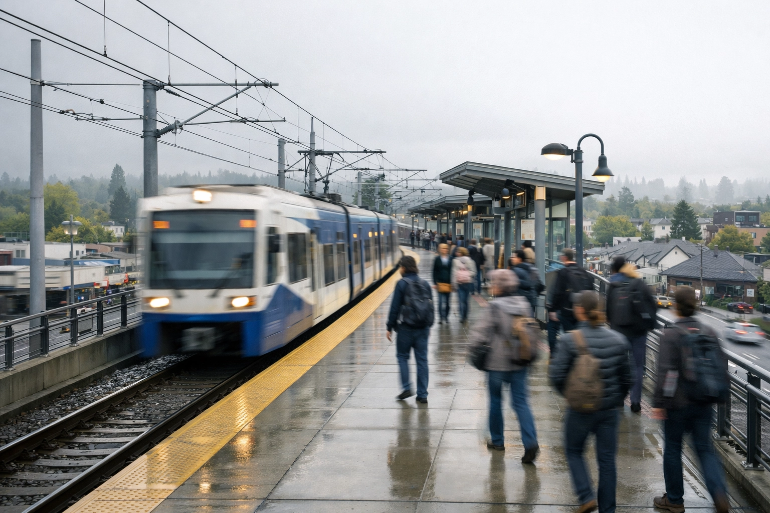 Hollywood Transit Center in Northeast Portland showing MAX light rail platform and connecting bus bays at the NE Sandy and 42nd hub.