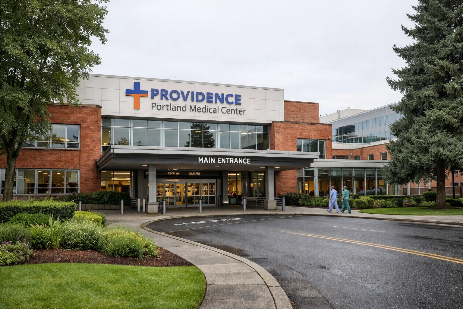 Exterior view of Providence Portland Medical Center campus on NE Glisan Street, showing the main hospital entrance and surrounding medical office buildings.