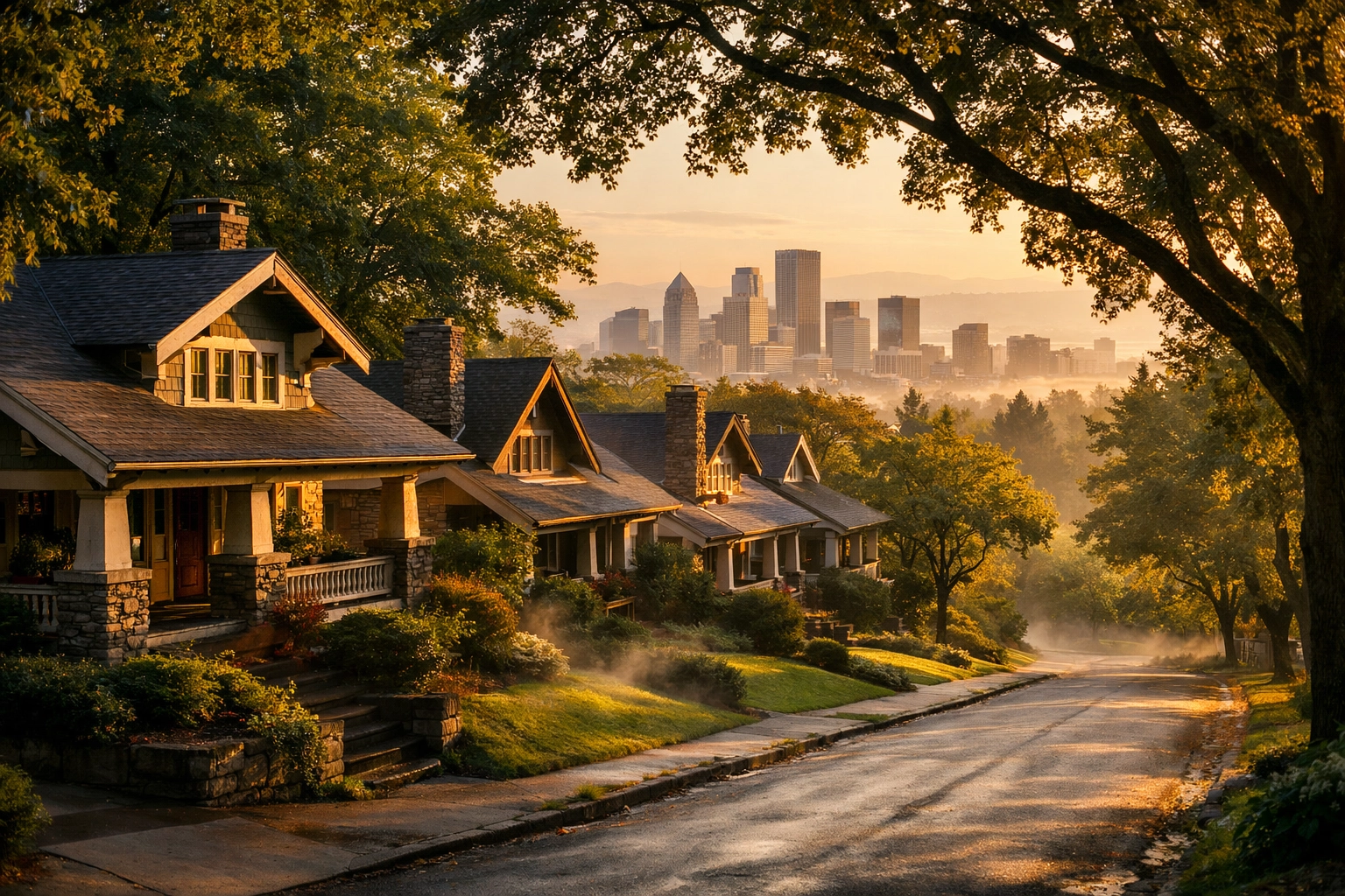 Historic Craftsman homes line a tree-shaded street in Northeast Portland's Alameda neighborhood, with Mount Hood visible in the distance.