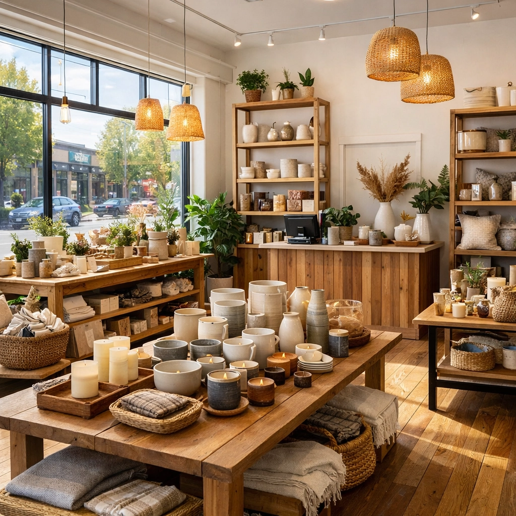 Interior of an independent retail shop in Northeast Portland's Alberta Arts District showing curated home goods, artwork, and locally made merchandise.