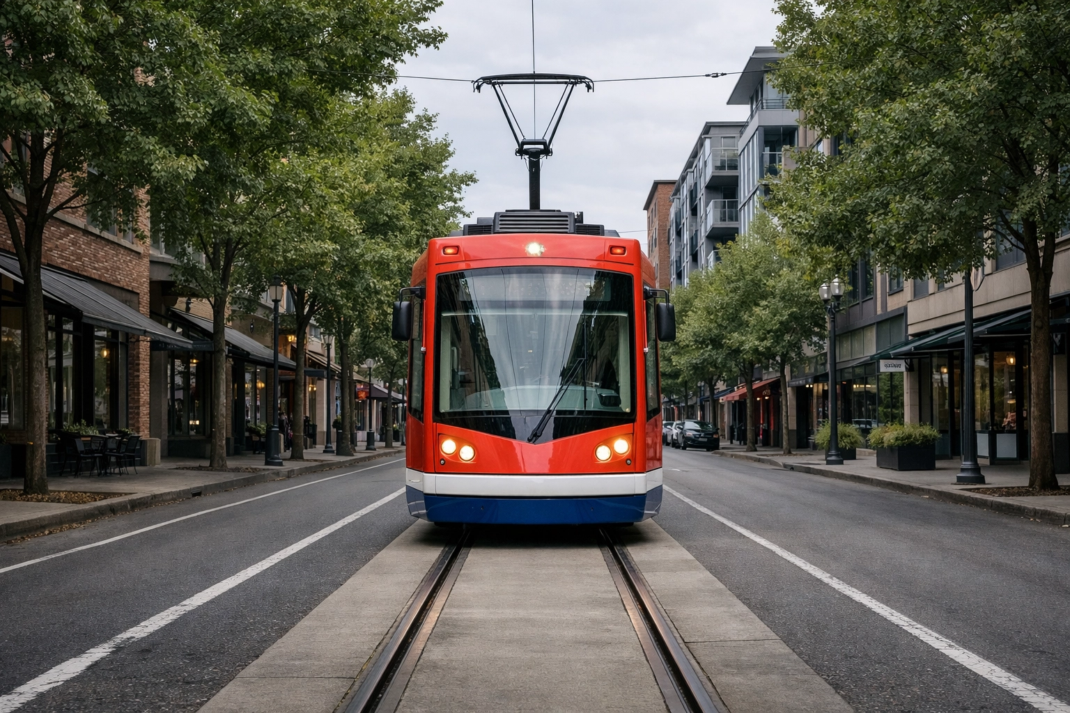 Portland Streetcar running along NW 10th Avenue through the Pearl District