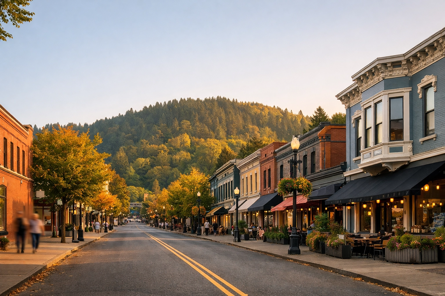 NW 23rd Avenue looking north through Portland's Alphabet District with Victorian storefronts and the West Hills in the background