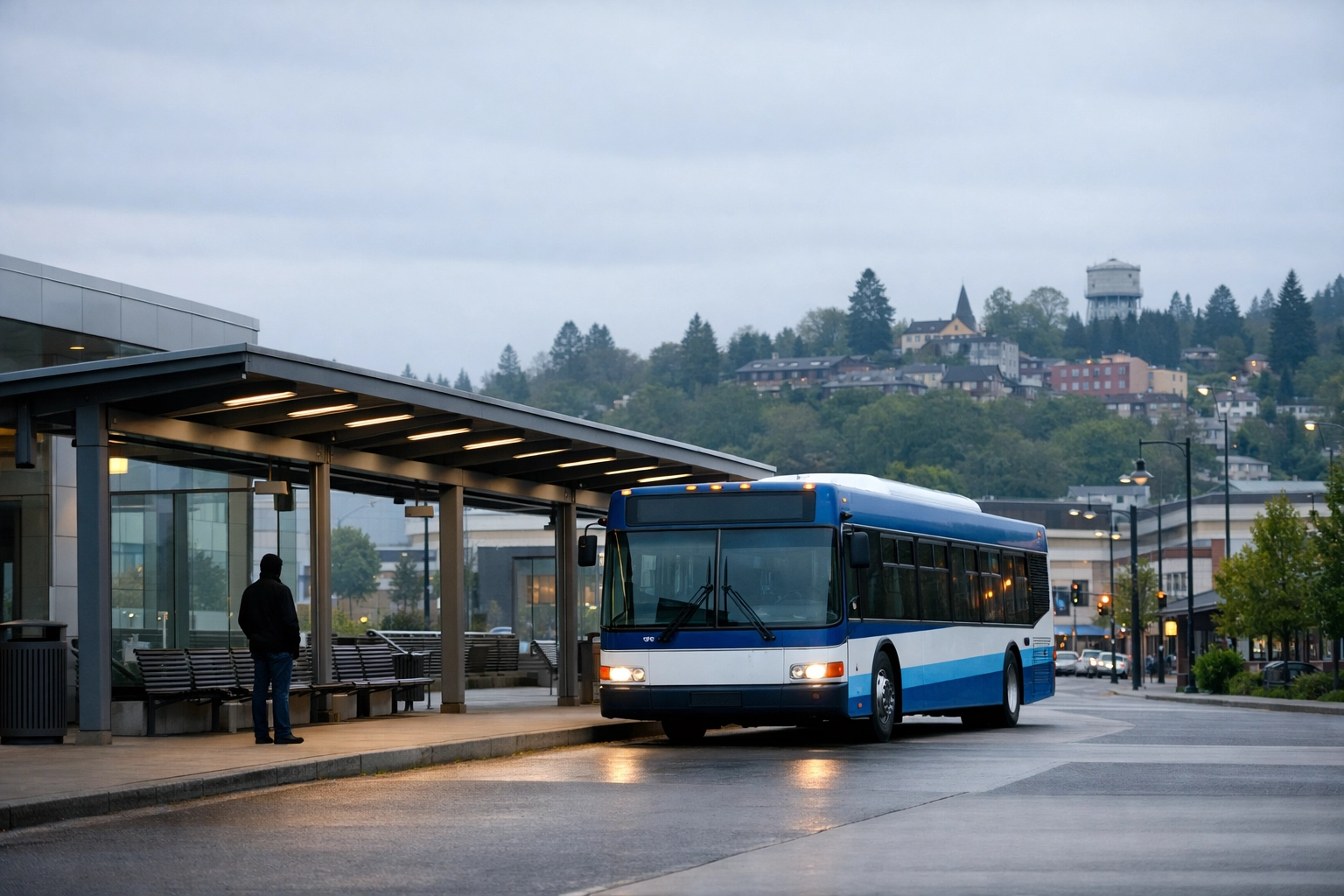 View of OR-99E McLoughlin Boulevard heading north through Gladstone toward Portland with the Willamette River visible to the west