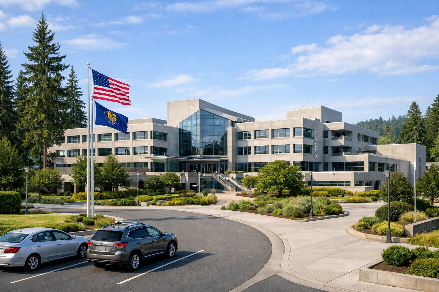 Clackamas County government campus building at Kaen Road in Oregon City with the Clackamas County seal visible at the entrance