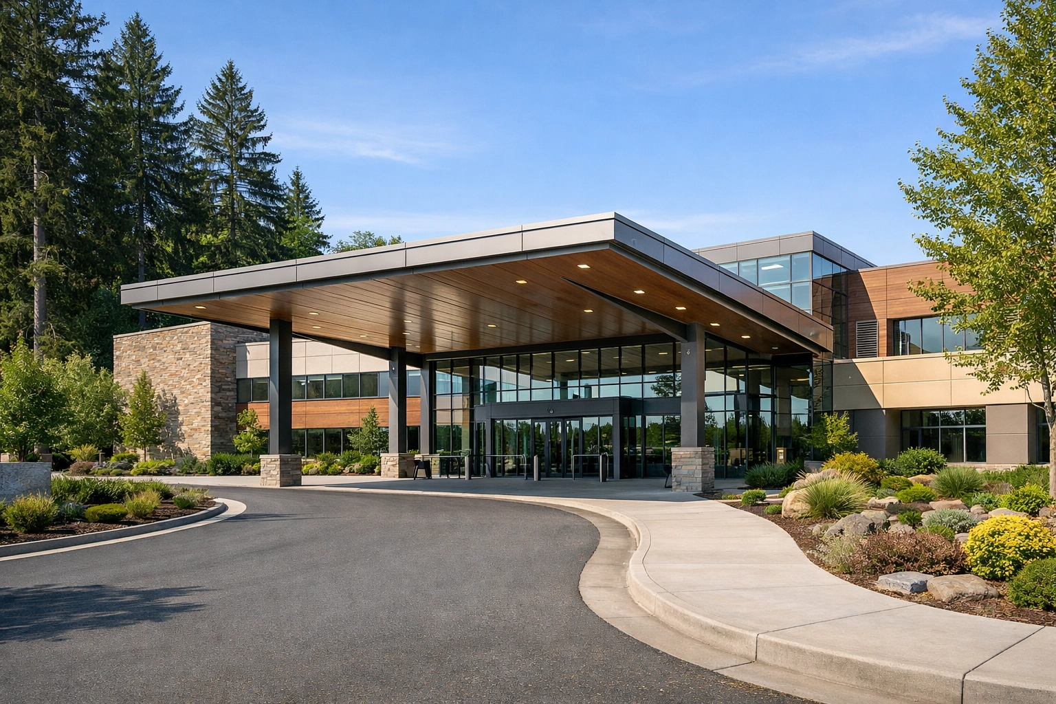 Exterior entrance of Providence Willamette Falls Medical Center on Division Street in Oregon City with the emergency department sign visible