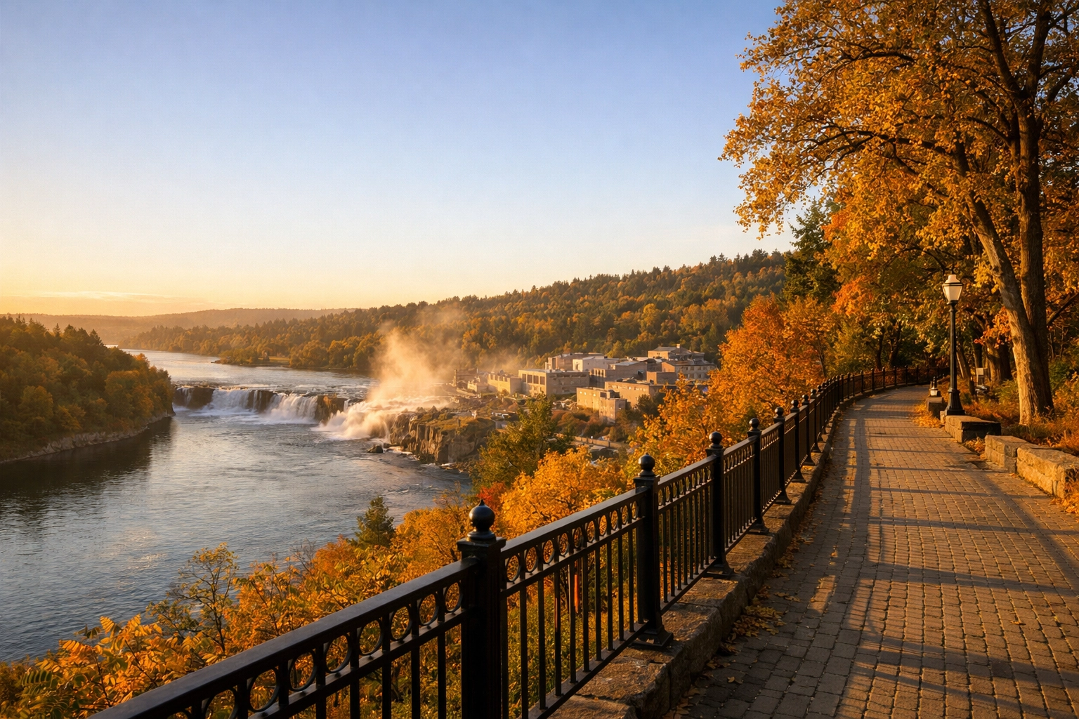 Aerial view of Oregon City's McLoughlin Promenade overlooking Willamette Falls and the historic downtown core along the Willamette River