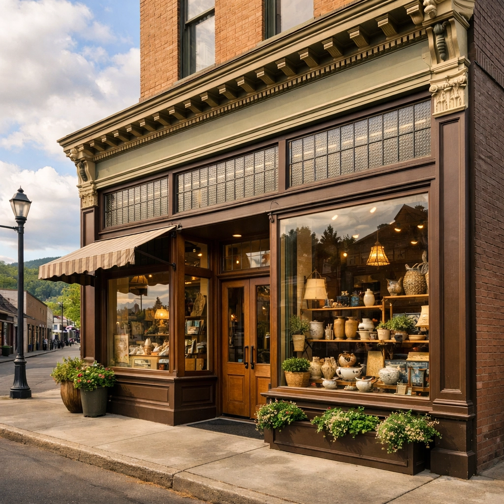 Storefront exterior of the Oregon City Market on Main Street with local goods displayed in the window