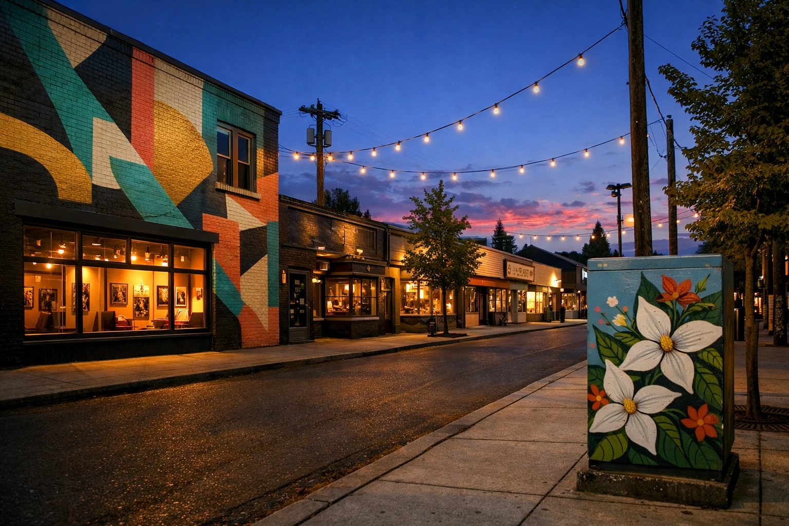 Mural-covered arts district commercial street in Northeast Portland