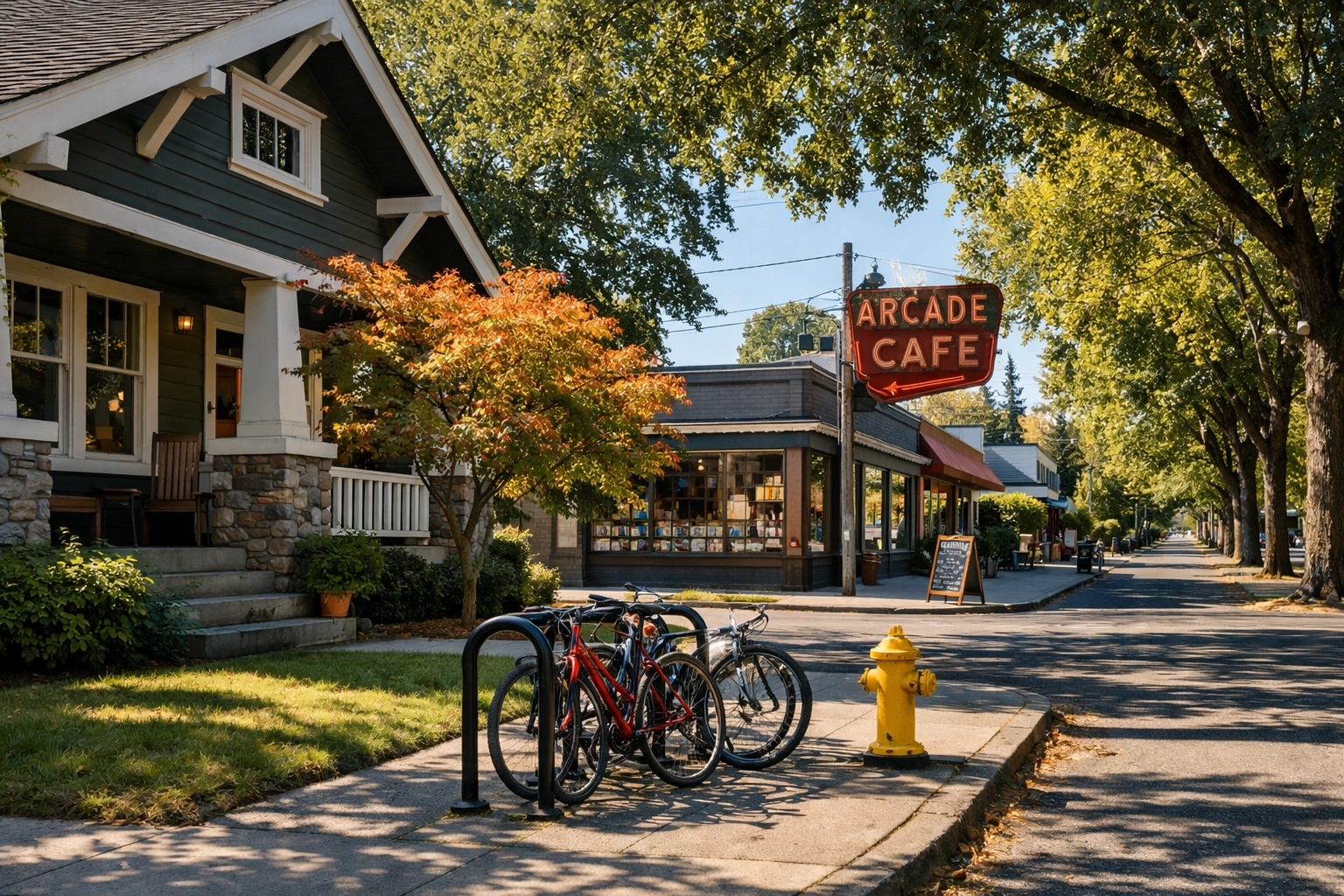 Independent storefronts and Craftsman bungalows in Southeast Portland