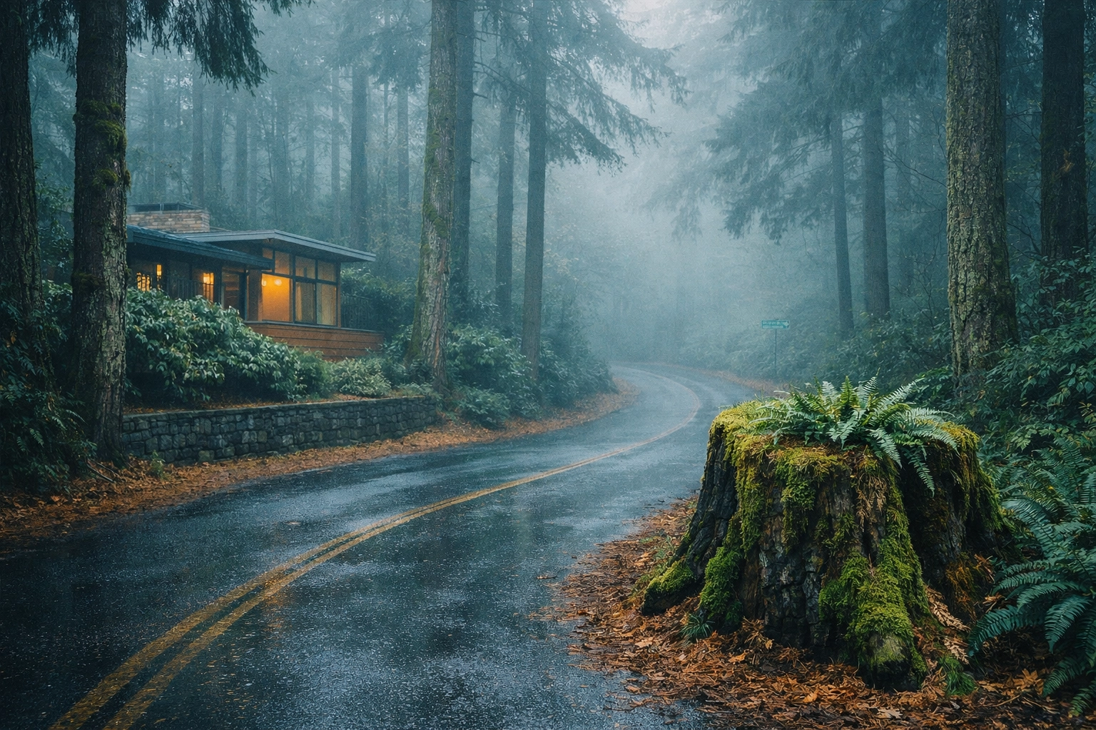 Wooded residential street through Douglas fir canopy in Southwest Portland
