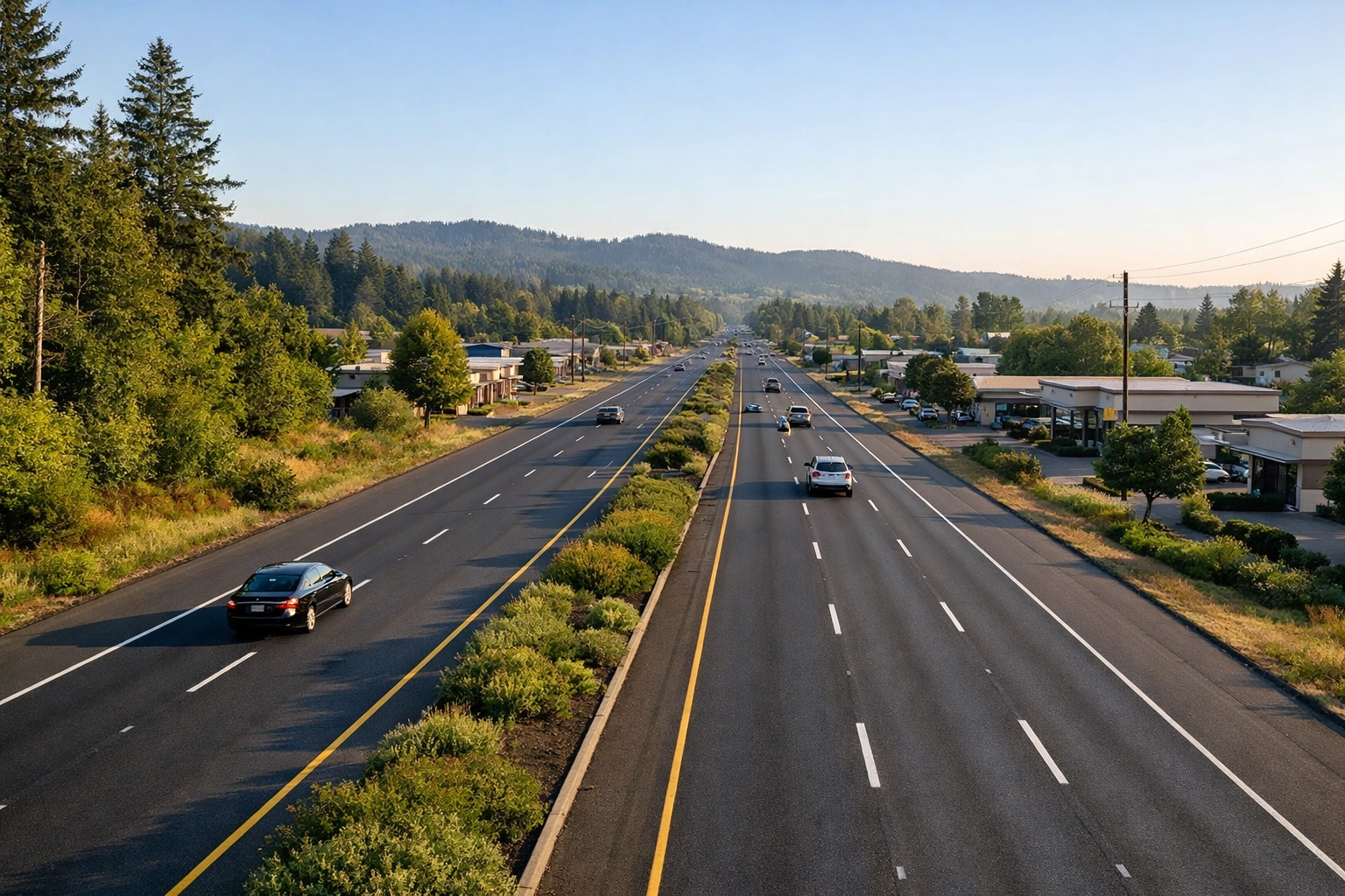 Aerial view of OR-99W corridor looking north from Sherwood toward Tigard showing the four-lane divided highway