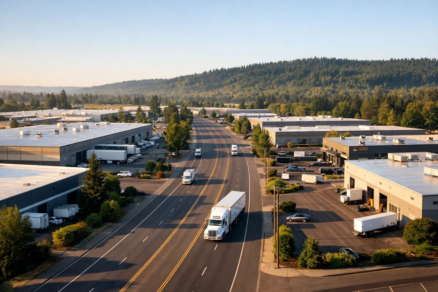 Aerial view of the Tualatin-Sherwood Road and I-5 interchange area showing the industrial and distribution corridor south of Sherwood