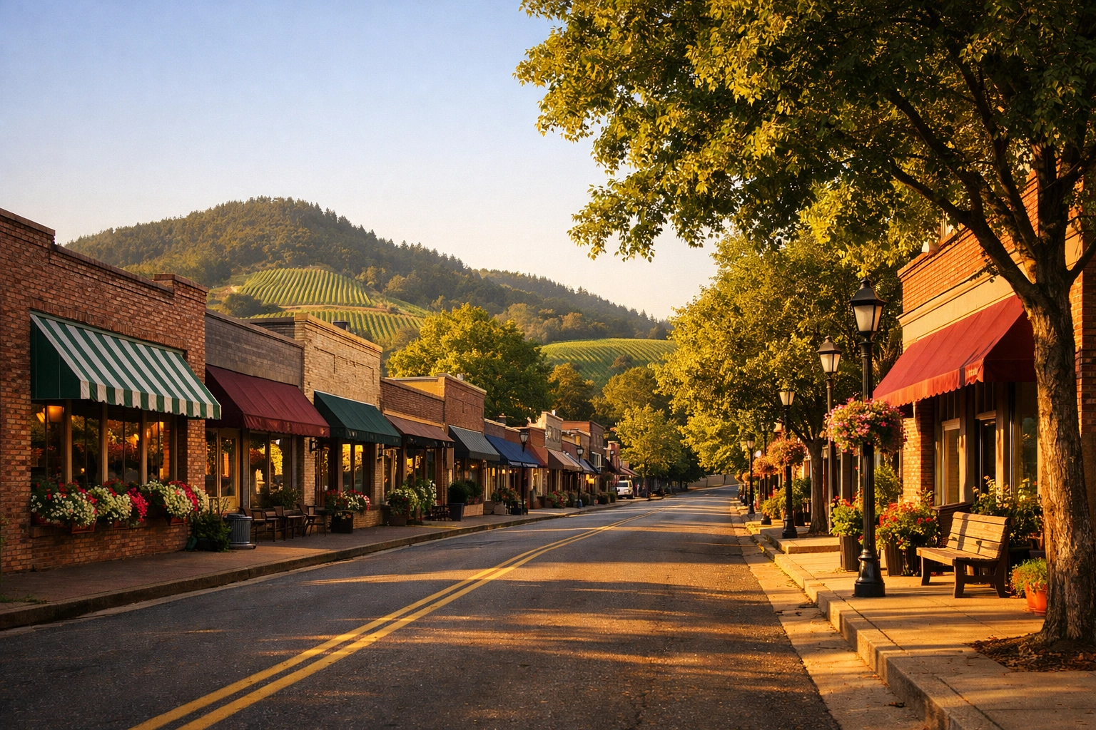 Aerial view of Old Town Sherwood looking east along SW Pine Street with Parrett Mountain rising above the roofline