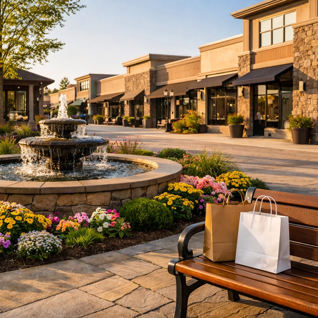 Parkway Village outdoor shopping plaza in Sherwood with pedestrian walkways and a water feature near the Langer Farms corridor