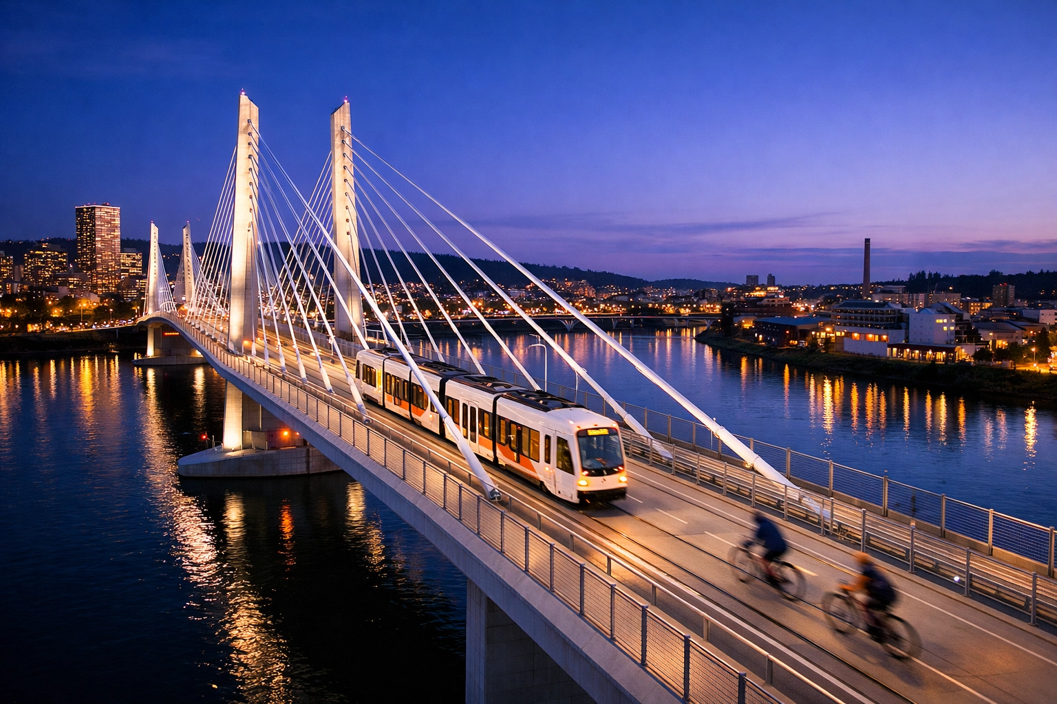 MAX Orange Line train crossing Tilikum Crossing bridge with Portland skyline in background