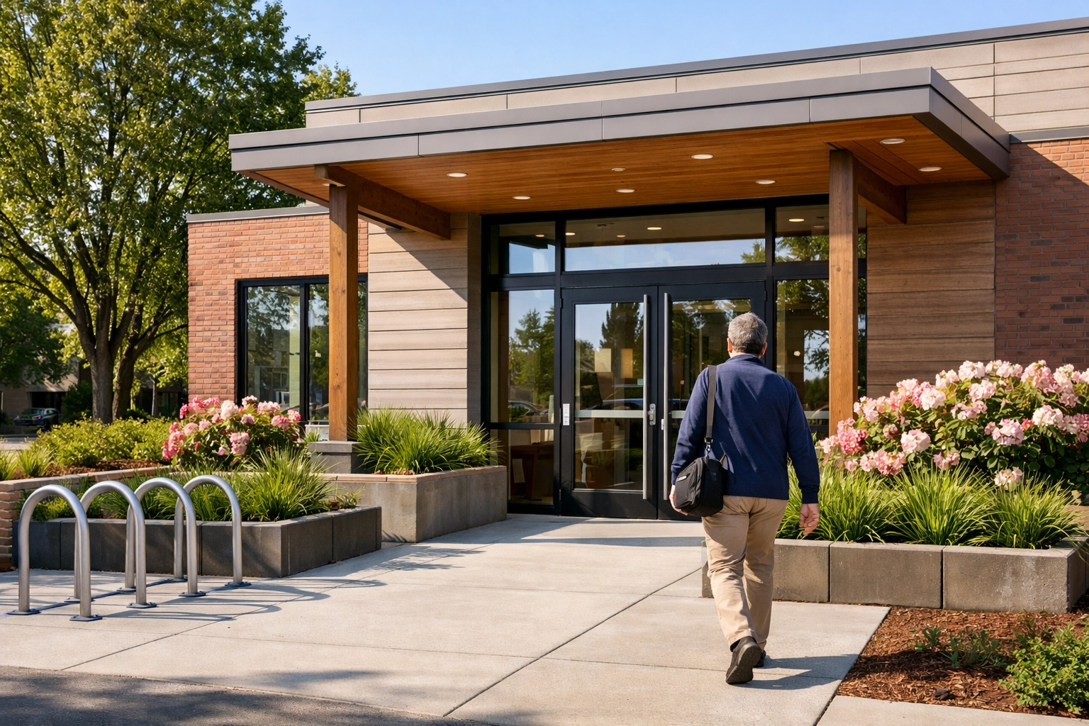 Modern medical office building entrance with clinic signage on a Southeast Portland commercial street