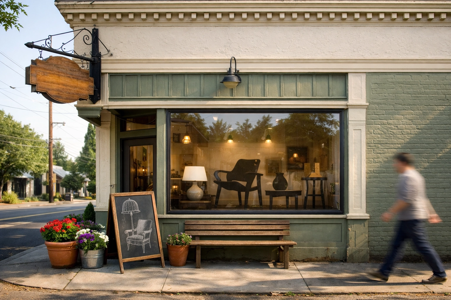 Storefronts along SE Hawthorne Boulevard with bookstore, cafe, and vintage shop signage