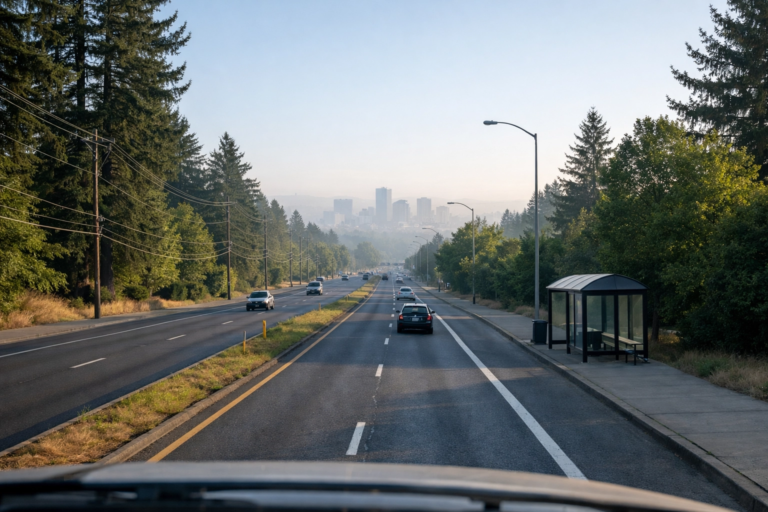 Barbur Boulevard corridor looking north toward downtown Portland with lightly trafficked lanes, street trees, and a TriMet bus stop shelter