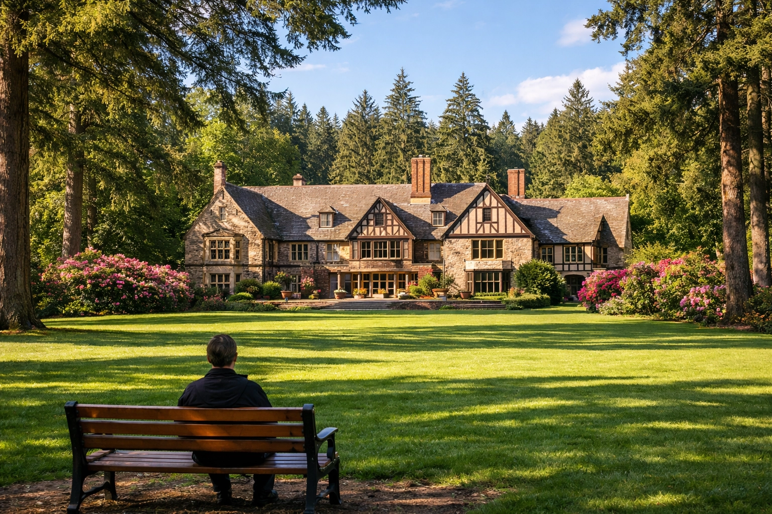 Lewis and Clark College Frank Manor House on Palatine Hill surrounded by Douglas fir and manicured lawns